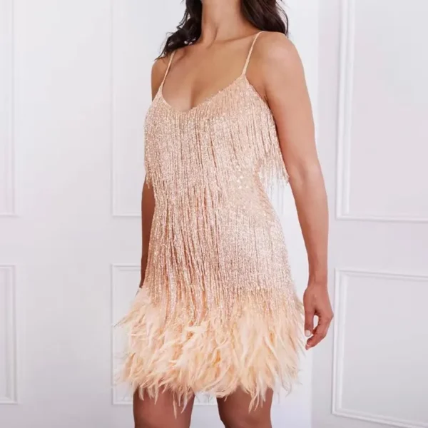 2023 New Sexy Tassel Sequins Feather Mini Dress Women Spaghetti Strap Stitching Dresses Female Elegant Evening Party Club Dress - Image 12