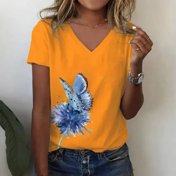 Summer Women Short Sleeve V-neck Loose T Shirt for Women White Fashion Ladies T-shirt 3d Centered Flowe Print Top Casual Clothes - Image 15