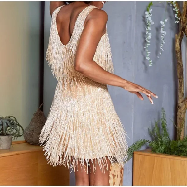2023 New Sexy Tassel Sequins Feather Mini Dress Women Spaghetti Strap Stitching Dresses Female Elegant Evening Party Club Dress - Image 5