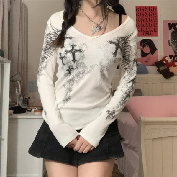 2000s Aesthetic T Shirt Graphic Cross Wings Print Long Sleeve Tops y2k Women Clothes Fairycore Grunge Tee Streetwear - Image 4